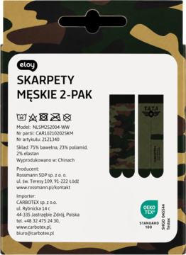 Tył opakowania eloy SKARPETY MĘSKIE 2-PAK. Widoczne dwa wzory skarpet: moro i zielone TATA, oraz biała etykieta ze składem.