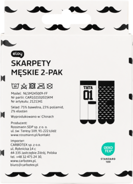 Opakowanie skarpetek męskich Eloy 2-pak, z wąsami. Skarpetki bawełniane: biała 'TATA 01' i czarna wzorzysta.
