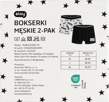 Białe opakowanie eloy BOKSERKI MĘSKIE 2-PAK, na którym widnieją czarne i wzorzyste bokserki. Widok przód.