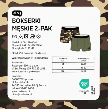 Eloy bokserki męskie 2-pak: moro i oliwkowe, z elastyczną gumką, widoczne na etykiecie.