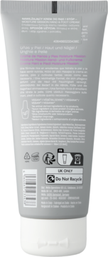 Tył szarej tubki OPI Nature Strong Moisture Mission krem do rąk i stóp, z białym tekstem, kodem kreskowym i ikonami recyklingu.