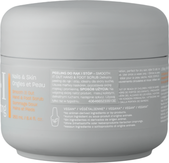 Tył szarego opakowania OPI Smooth It Out Peeling do rąk i stóp, z białym i pomarańczowym tekstem.