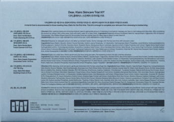 Tył opakowania Dear, Klairs Skincare Trial Kit, jasnoniebieskie pudełko z detalami produktów i składem.