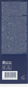 Tył opakowania produktu, ciemnoniebieski, z tekstem, kodem kreskowym, ikonami 'Soy Ink' i FSC, widok z dołu.