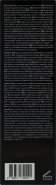Tył czarnego opakowania kosmetyku z białym tekstem, listą składników, kodem kreskowym i symbolem PAO.