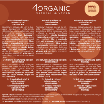 Promocyjna grafika 4ORGANIC z 3 wegańskimi balsamami do ust (99% naturalne): Coco Cookie, Gingerbread, Tiramisu.