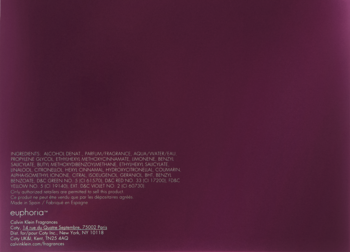 Tył opakowania Calvin Klein Euphoria. Ciemnofioletowe tło z białym tekstem, widoczna lista składników i dane producenta.