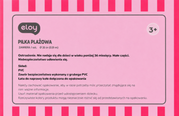 Różowa etykieta piłki plażowej etoy, z zielonym logo, wiekiem 3+, średnicą 51 cm i ostrzeżeniami o małych częściach.