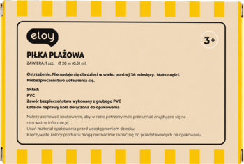 Żółto-białe opakowanie piłki plażowej Eloy 3+ z polskimi informacjami i ostrzeżeniami, widok z przodu.