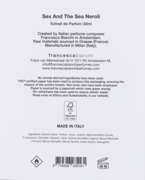 Tył opakowania perfum Francesca Bianchi Sex And The Sea Neroli, białe, z tekstem o składnikach i ikonami.