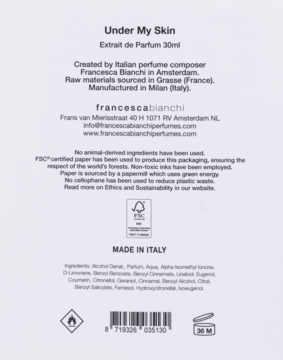 Francesca Bianchi Under My Skin, tył opakowania perfum 30ml z listą składników i informacjami o produkcji.
