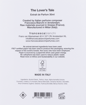 Tył opakowania Francesca Bianchi The Lover's Tale Extrait de Parfum 30ml. Jasnoszare z tekstem o składnikach i produkcji.