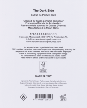 Tył opakowania perfum The Dark Side 30ml, Francesca Bianchi, fioletowe z czarnym tekstem i składem.