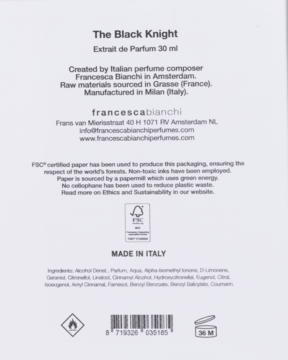 Tył opakowania perfum Francesca Bianchi The Black Knight 30ml, widoczny skład, certyfikaty i kraj produkcji.