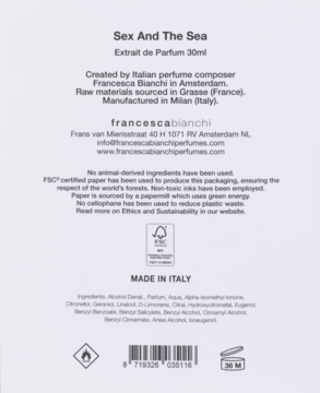 Tył opakowania Francesca Bianchi Sex And The Sea Extrait de Parfum 30ml, jasnoliliowy, z tekstem i symbolami.