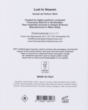 Tył biało-fioletowego opakowania perfum Francesca Bianchi Lost In Heaven, z listą składników i certyfikacją.