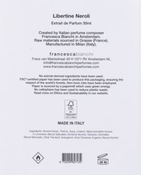 Tył opakowania perfum Francesca Bianchi Libertine Neroli 30ml, z czarnym tekstem producenta i listą składników.