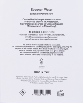 Tył jasnofioletowego pudełka Francesca Bianchi Etruscan Water 30ml: opis, składniki, certyfikaty i kod.