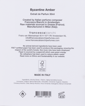 Widok z tyłu białego opakowania perfum Francesca Bianchi Byzantine Amber Extrait de Parfum z listą składników.