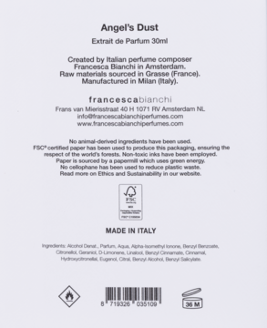 Tył białego opakowania perfum Francesca Bianchi Angel’s Dust Extrait de Parfum, Made in Italy, z listą składników.
