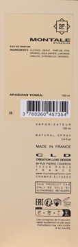Montale Arabians Tonka woda perfumowana, tył beżowego opakowania 100ml ze składnikami, kodem kreskowym i info 'Made in France'.