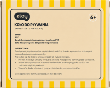 Opakowanie koła do pływania Eloy 110 cm z PVC, wiek 6+, widok z przodu. Beżowa etykieta z żółto-białym paskiem.