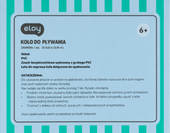 Niebieskie opakowanie koła do pływania Eloy (6+), tył z instrukcjami i ostrzeżeniami, PCV.
