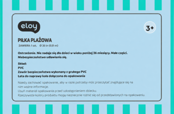 Etykieta piłki plażowej Eloy z ostrzeżeniem 3+, składem PVC i informacją o łatce, na niebieskim tle.