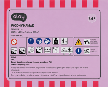 Różowa etykieta produktu Eloy z hamakiem wodnym 14+, wymiary i piktogramy bezpieczeństwa, widok z góry.
