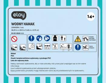 Etoy Wodny Hamak: Niebieska etykieta informacyjna z piktogramami bezpieczeństwa, wymiarami i składem PVC.