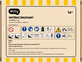 Opakowanie materaca dmuchanego Eloy 1.83x0.69m, beżowe z żółtym paskiem, instrukcje i znaki ostrzegawcze.