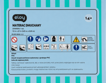 Niebieska etykieta materaca dmuchanego Eloy 14+ z piktogramami bezpieczeństwa, wymiarami i składem PVC.