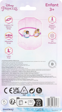 Tył różowego opakowania okularów pływackich Disney Princess dla dzieci, z ikonami cech i wizerunkiem księżniczek.