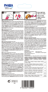 Tył opakowania Inaba Ciao Churu, saszetka dla psa kurczak z łososiem, instrukcje użycia i skład.