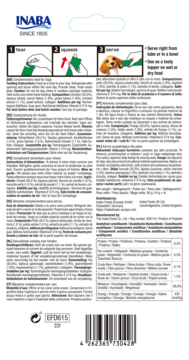 Tył opakowania INABA Ciao Churu, karma uzupełniająca dla psa, z listą składników, instrukcjami i kodem.