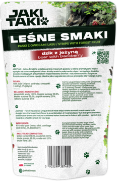 Tył opakowania JAKI TAKI Leśne Smaki dzik z jeżyną, widoczny skład produktu i opis w języku polskim.