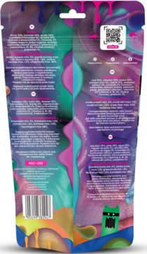 Tył opakowania smakołyków dla kotów, z listą składników, kodem QR, jaskrawym wzorem w różu i błękicie.