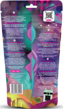 Kolorowy tył opakowania karmy uzupełniającej dla kotów z wzorem kapania farby, kodem QR i składem produktu.