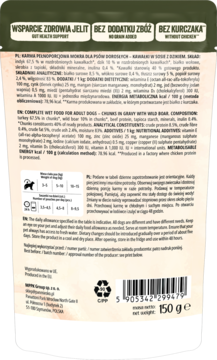 Tył saszetki karmy Pan Mięsko Psia Uczta 150g, z listą składników i tabelą dawkowania dla psów.