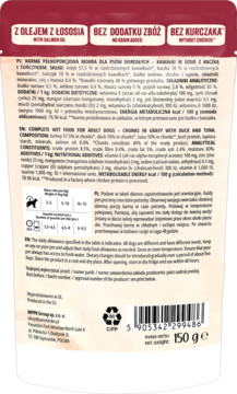 Tył ciemnego opakowania karmy Pan Mięsko Psia Uczta, kaczka/tuńczyk, bezzbożowa, z olejem z łososia, skład widoczny.