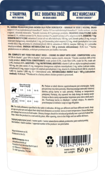 Tył opakowania karmy mokrej Pan Mięsko Psia Uczta bezzbożowa z koziną, z tauryną, z listą składników.