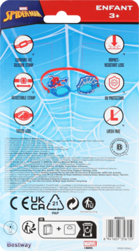 Tył opakowania okularów pływackich Spider-Man dla dzieci, z ikonami cech, kodem kreskowym i logo Bestway.