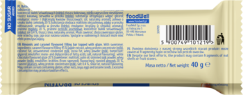 Tył opakowania batona FoodBar Crunchy, w kremowo-żółtym kolorze, z listą składników i etykietą 'No Sugar'.