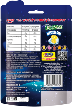 Tył opakowania żelków Amos Peelerz Mystery Cub, z pełną tabelą wartości odżywczych i listą składników.