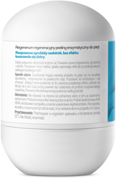 Regenerum peeling enzymatyczny do pięt. Widok z tyłu białej butelki z etykietą i instrukcją użycia.