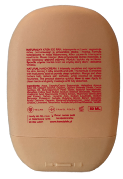 Tył beżowego, owalnego opakowania kremu do rąk Handy lab 50ml z opisem i składem produktu.