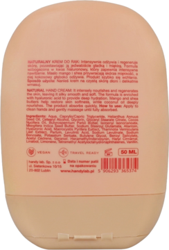 Tył owalnego kremu do rąk Handy Lab Silky Touch 50 ml. Beżowa butelka z czerwonym tekstem, listą składników i kodem.
