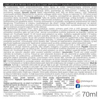 Tył białego opakowania LEBELAGE Anti Wrinkle Gold Snail Sun Cream SPF50+ 70ml z polskim opisem składu.