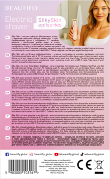 Tył opakowania golarki BEAUTIFLY Electric shaver SilkySkin epilseries z opisami i kodem kreskowym.