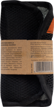 Czarna, siatkowa rękawica Ewa Schmitt HOME do usuwania sierści, AP095, zwinięta z widoczną etykietą.